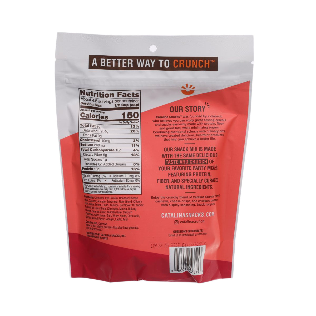 Back of Spicy Kick pretzel and nuts snack mix pouch with ingredients and story