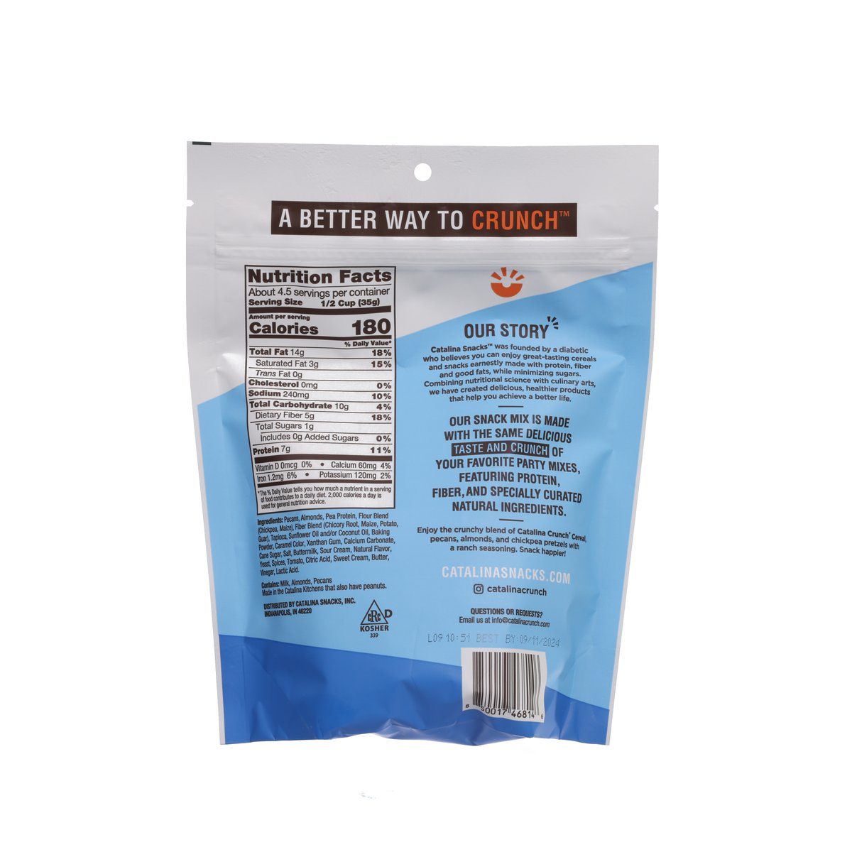 Snack mix bag back with Nutrition Facts panel and ingredients