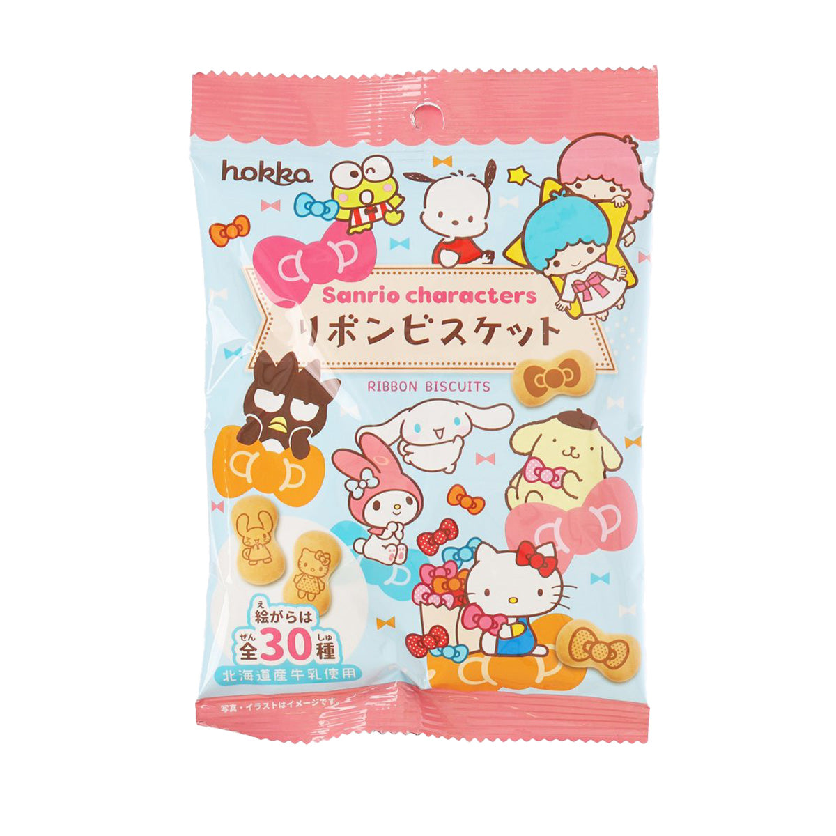 Bowtie-shaped biscuit package with pink and character illustrations, 45g