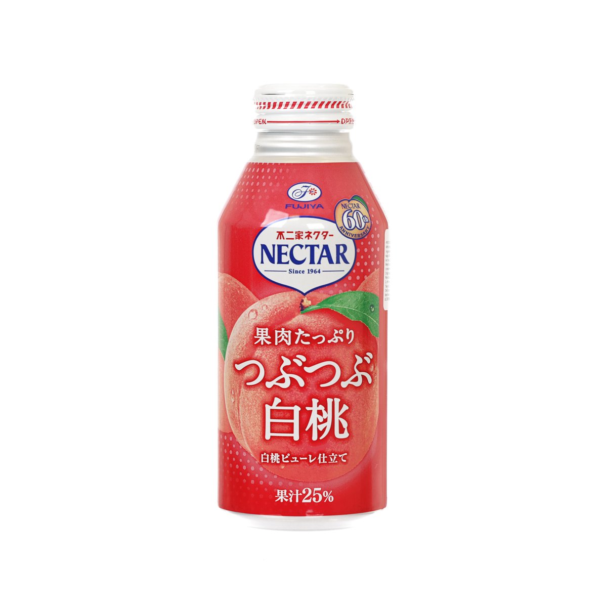 FUJIYA NECTAR white peach juice drink in red bottle, front label view