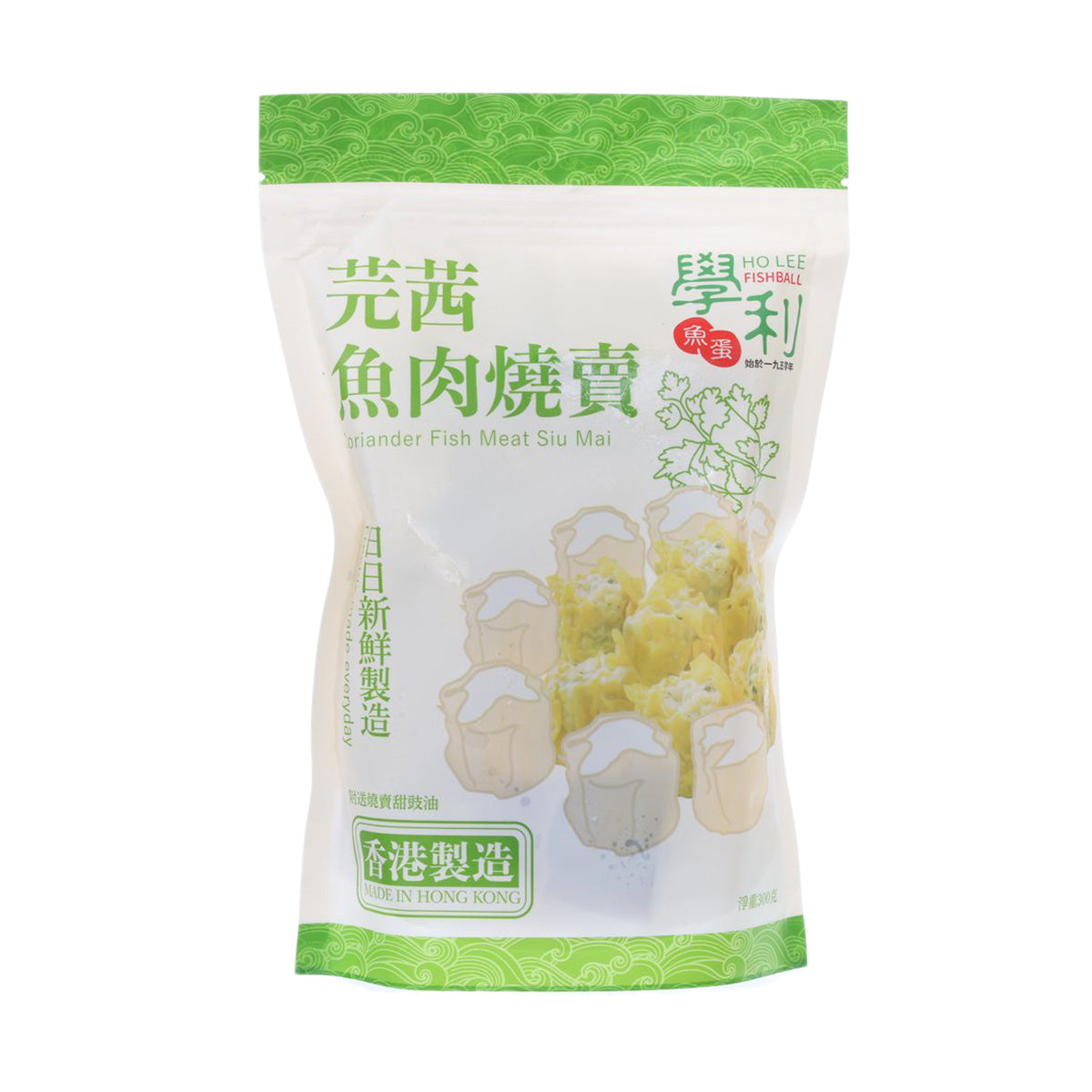 Fish meat siu mai pouch with green trim, white packaging