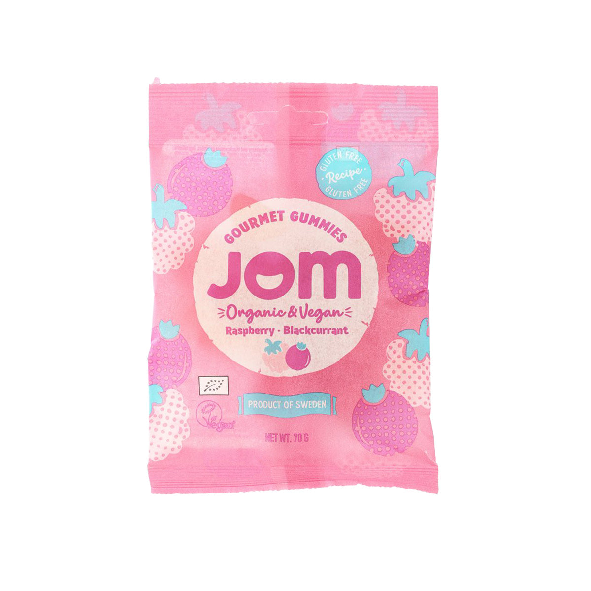 Pink JOM organic raspberry & blackcurrant gummy pouch, front view