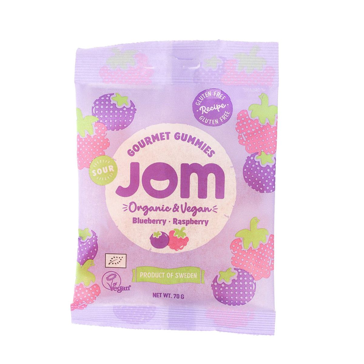 JOM organic vegan gummies pouch, blueberry and raspberry flavor, 70 g