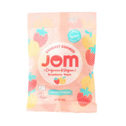Organic strawberry-peach gummy bag with JOM logo and fruit illustrations