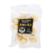 Steamed black pork dumplings in sealed bag with front label, about 15 pieces