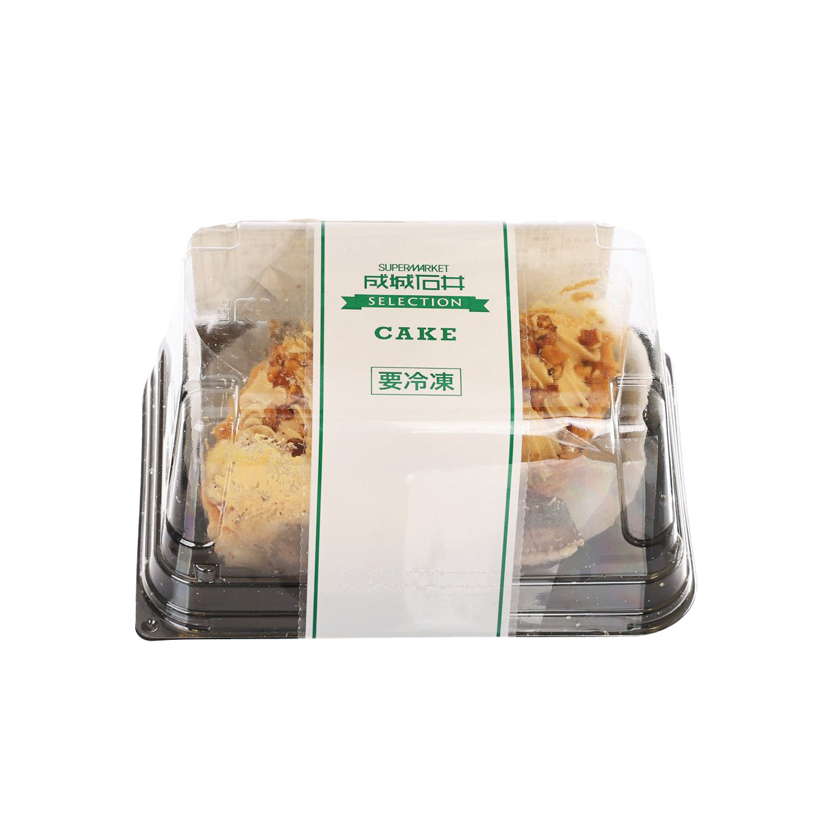 Frozen nut caramel tart in clear plastic tray with sealed label