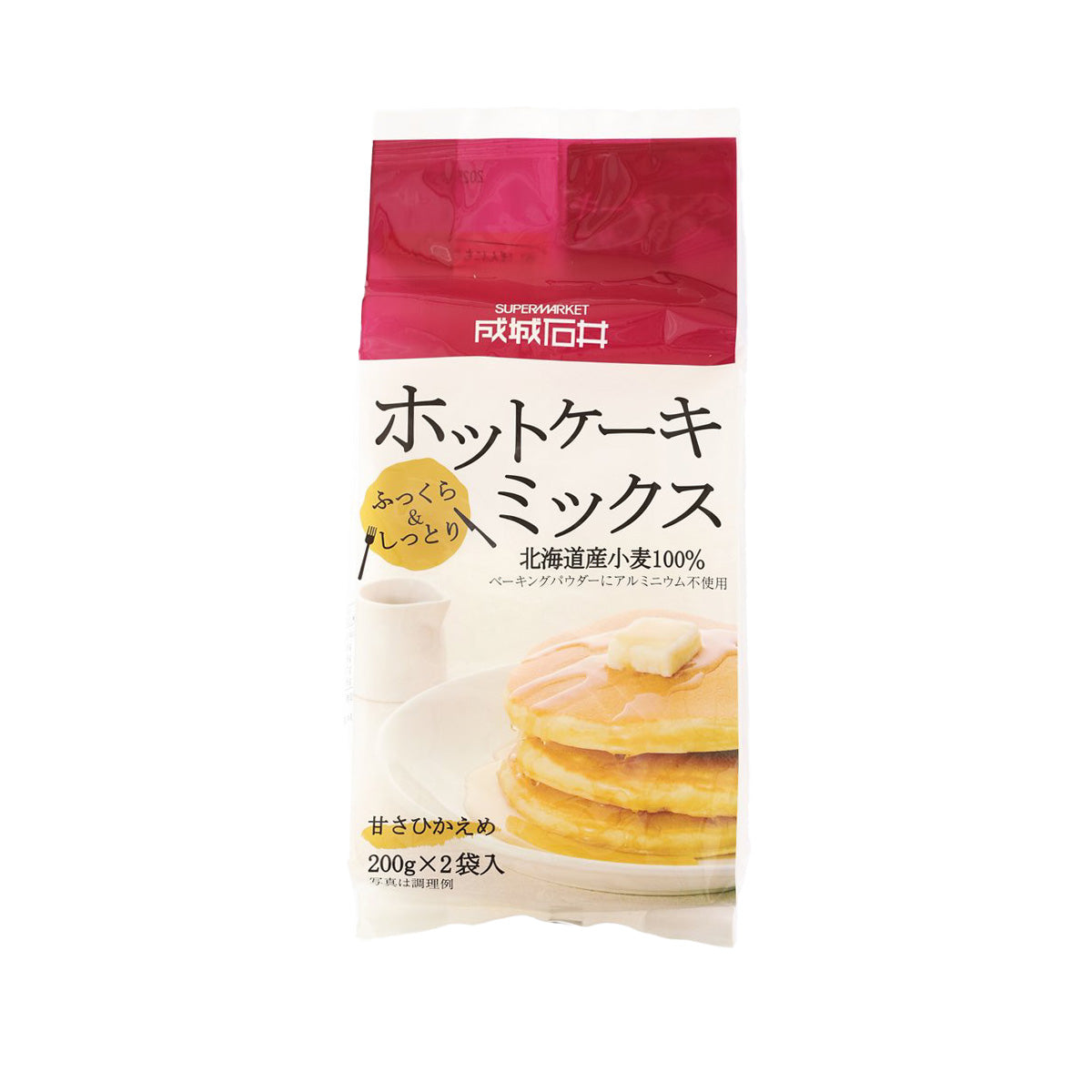 SEIJOISHII pancake mix pouch, front with hotcake photo and 200g x2 label