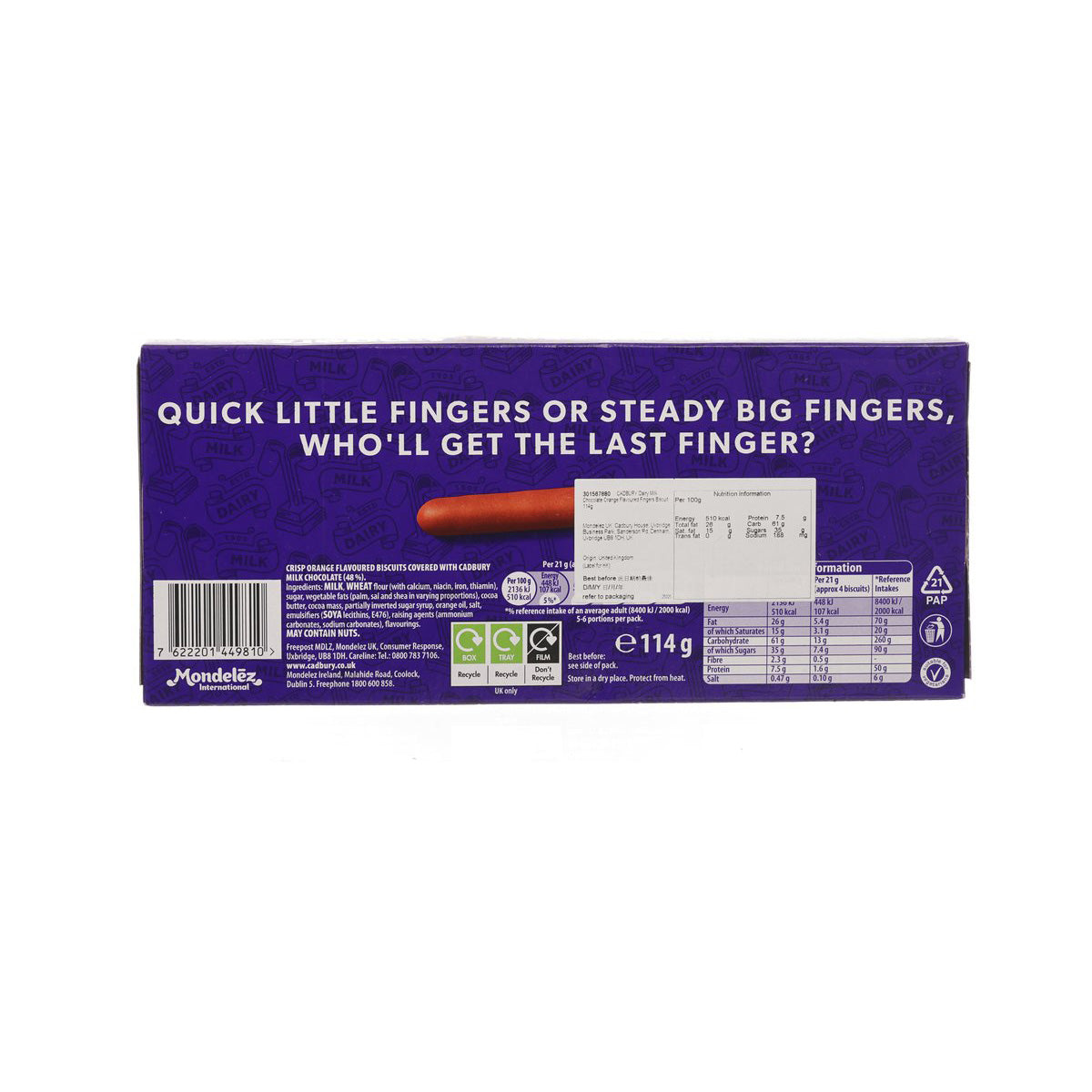 CADBURY Dairy Milk orange fingers biscuit box back with barcode and nutrition table