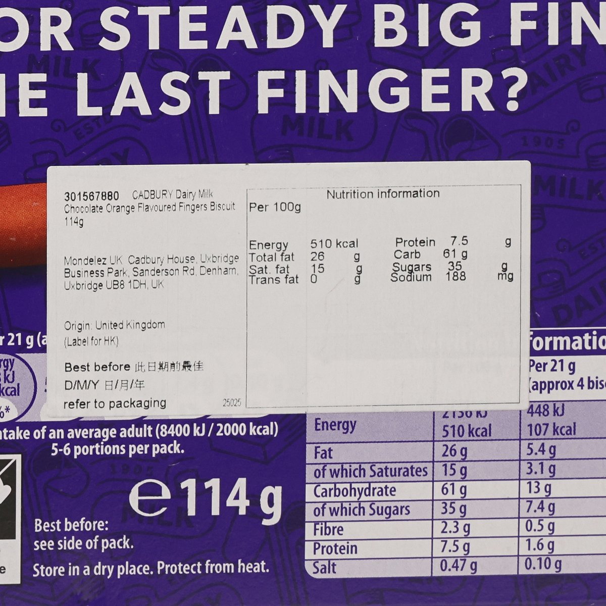 CADBURY Dairy Milk orange fingers nutrition label, E114g per 100g energy and protein