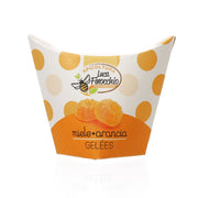Honey and orange jelly candies pouch, white with orange polka dots and orange text