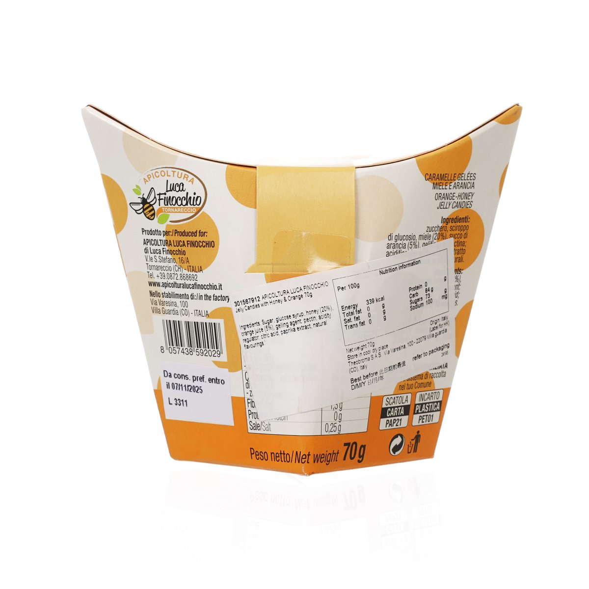 Honey and orange jelly candies pouch back panel with bar code and ingredient text