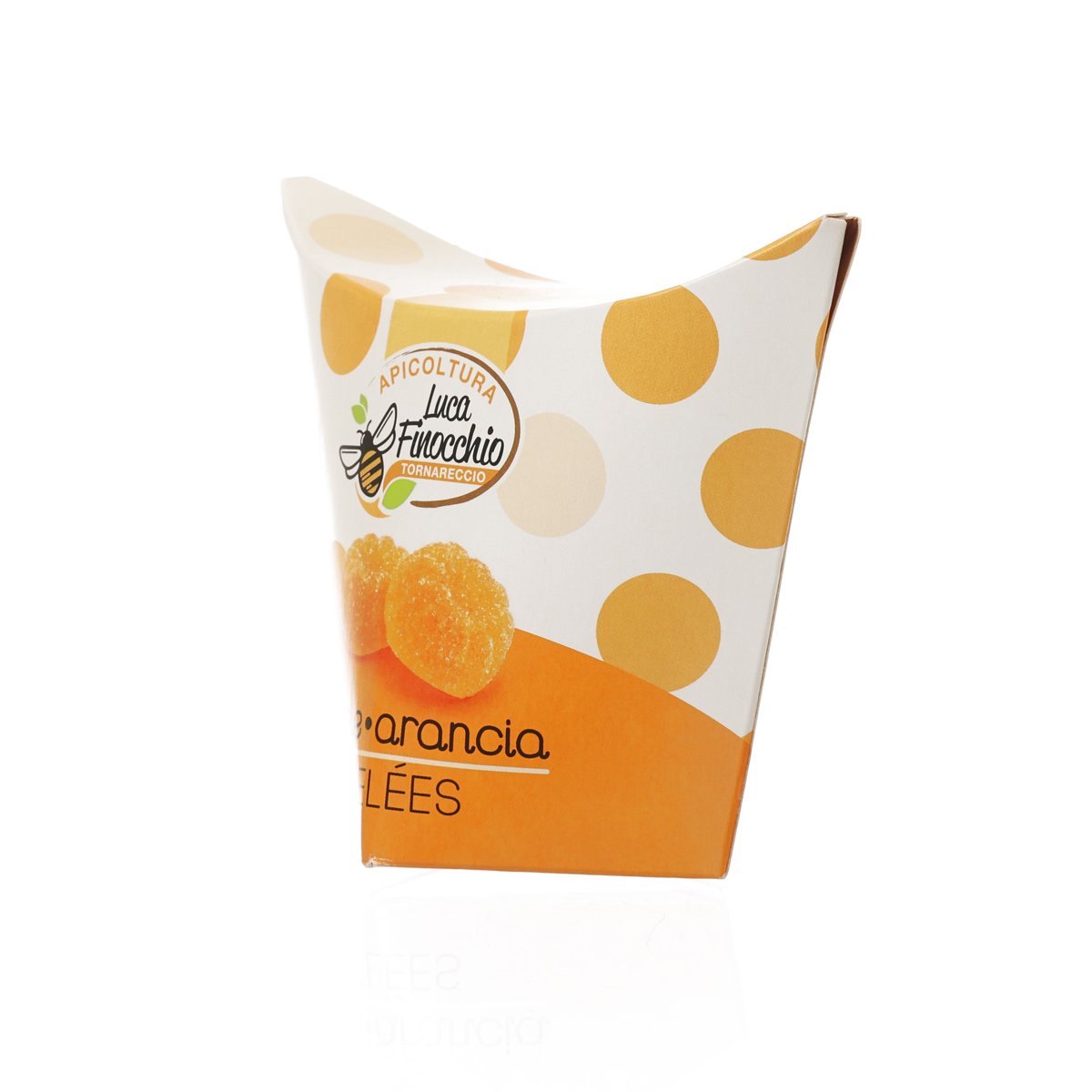 Honey and orange jelly candies pouch, white with orange polka dots and front label