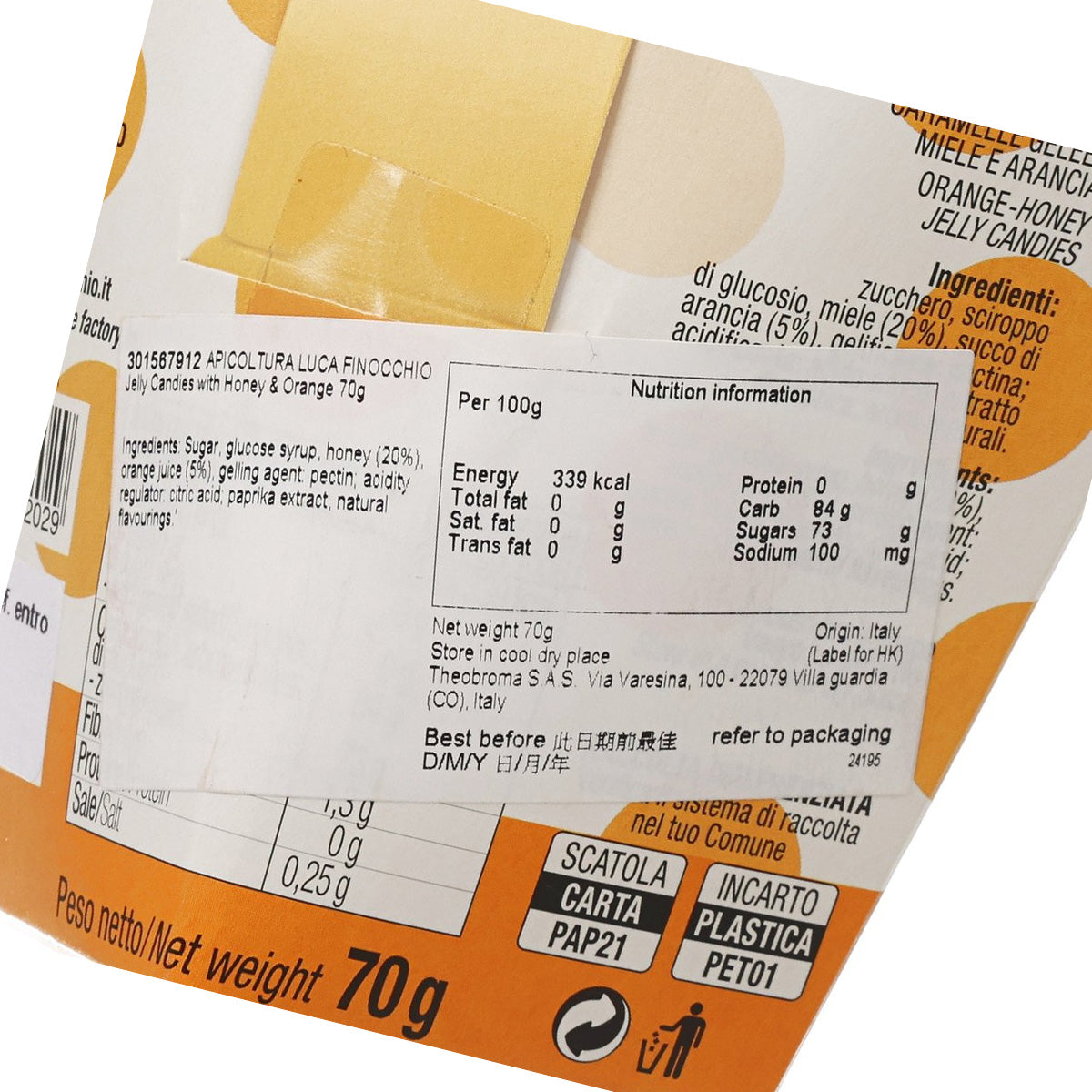 Honey and orange jelly candies nutrition facts and ingredients on white paper pouch