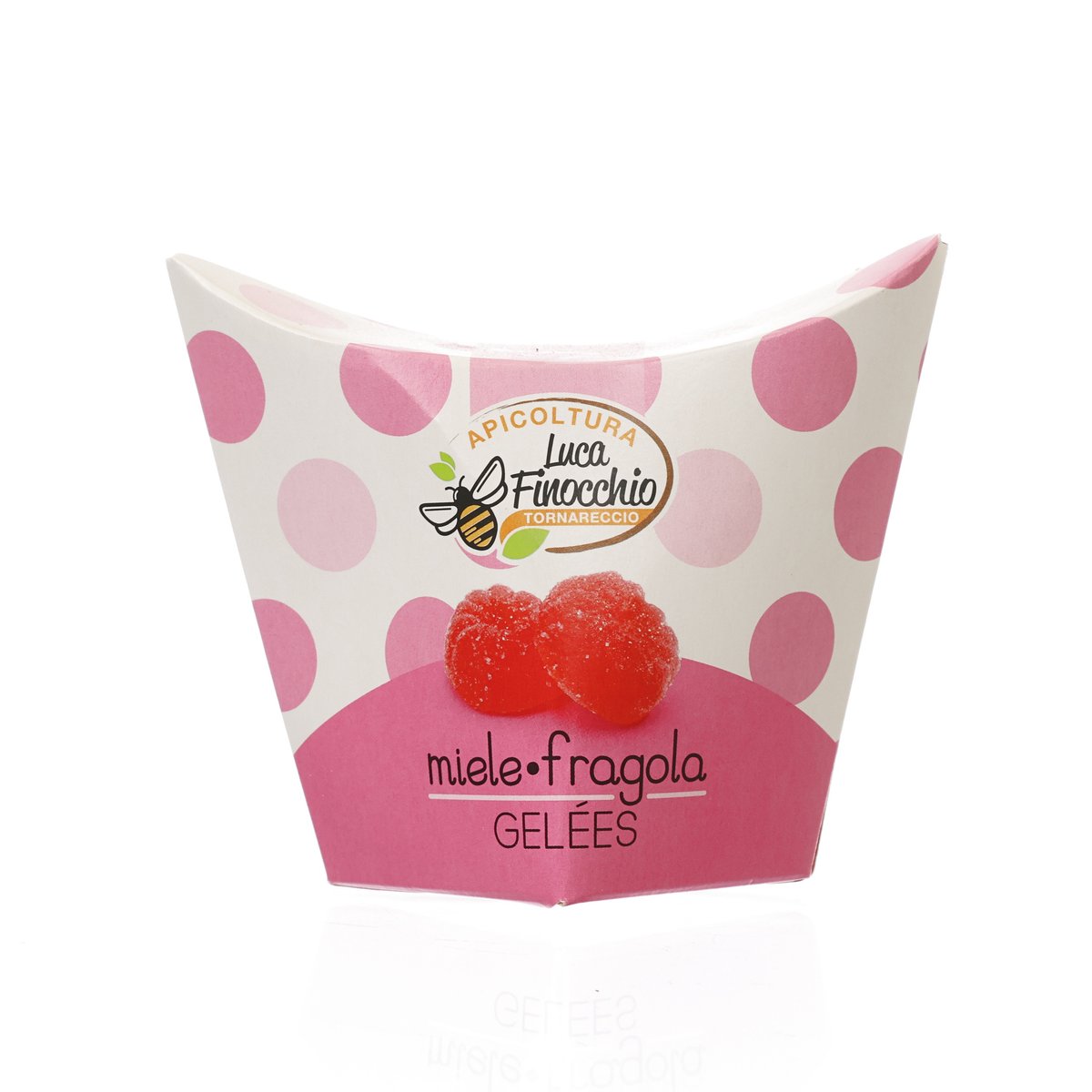 Honey and strawberry jelly candy pouch with pink polka dots and red jelly shapes