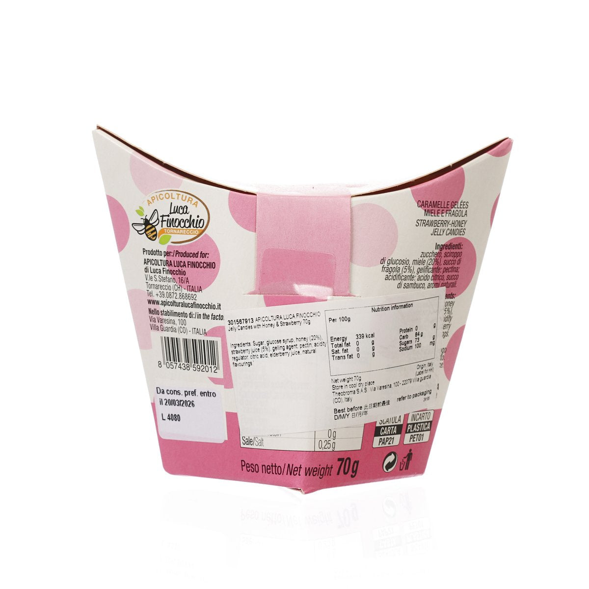 Honey and strawberry jelly candy pouch back panel with ingredients and barcode