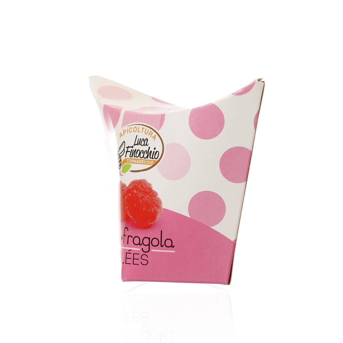 Honey and strawberry jelly candy pouch, pink polka dot design with front label