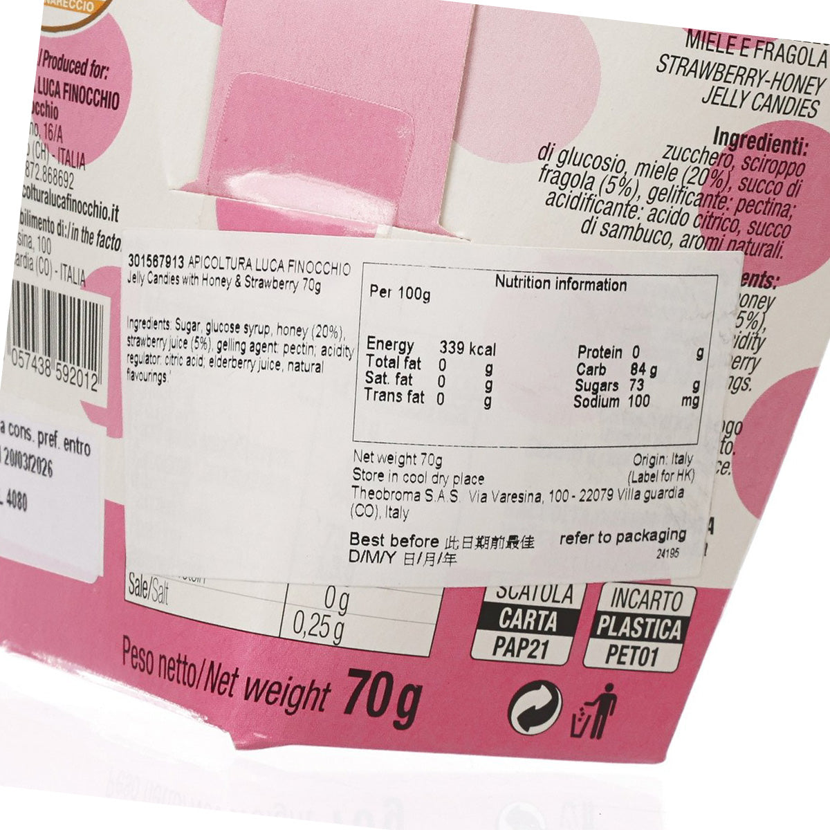 Honey and strawberry jelly candy pouch close-up of nutrition information panel