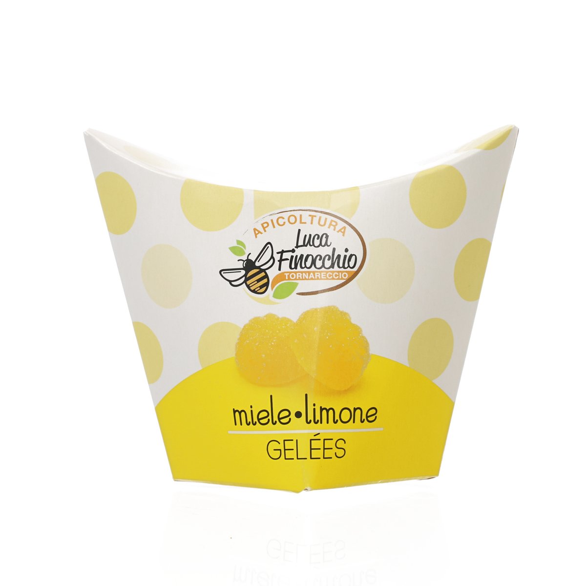 Honey and lemon jelly candies pouch with yellow polka-dot design