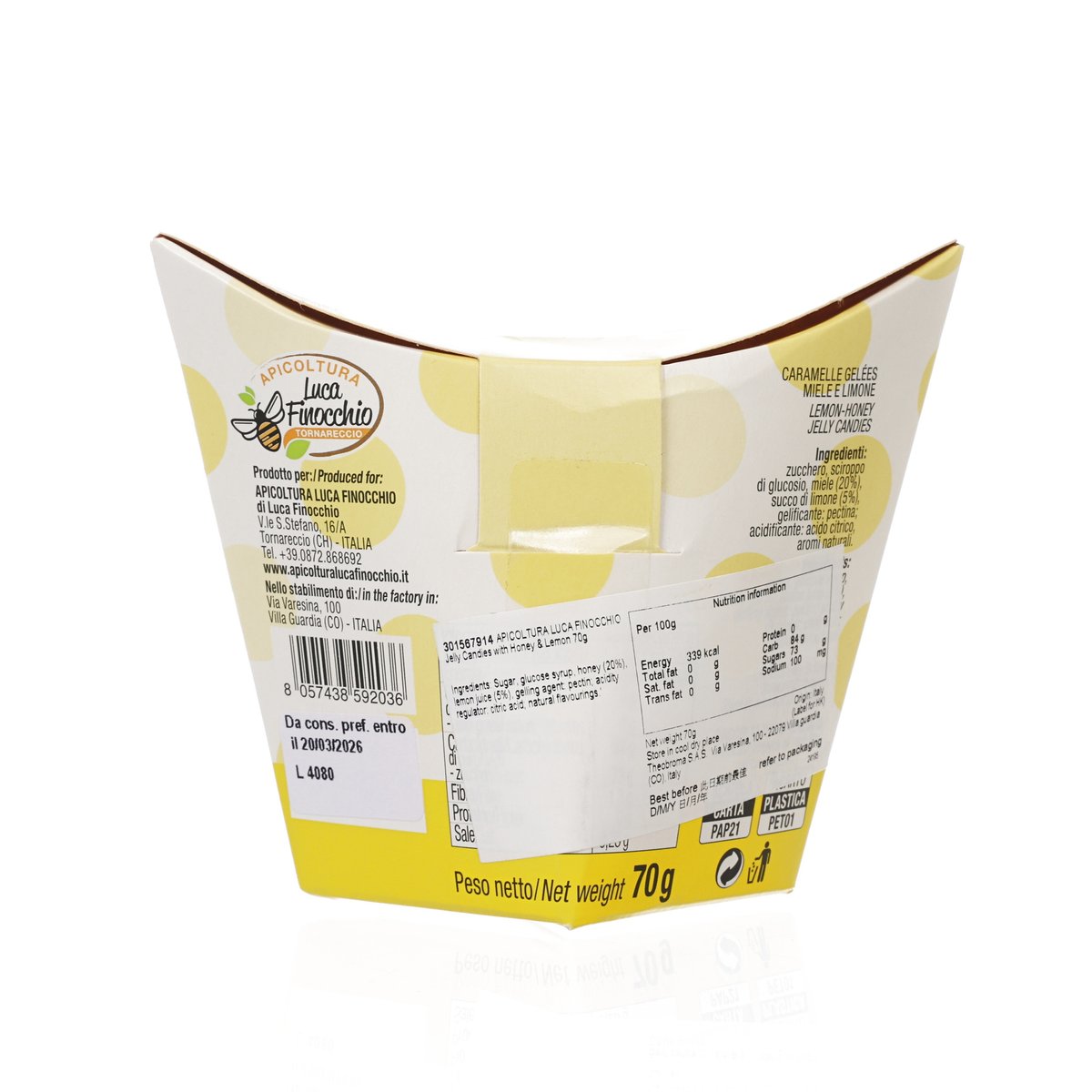 Honey and lemon jelly candies pouch showing back panel with product details