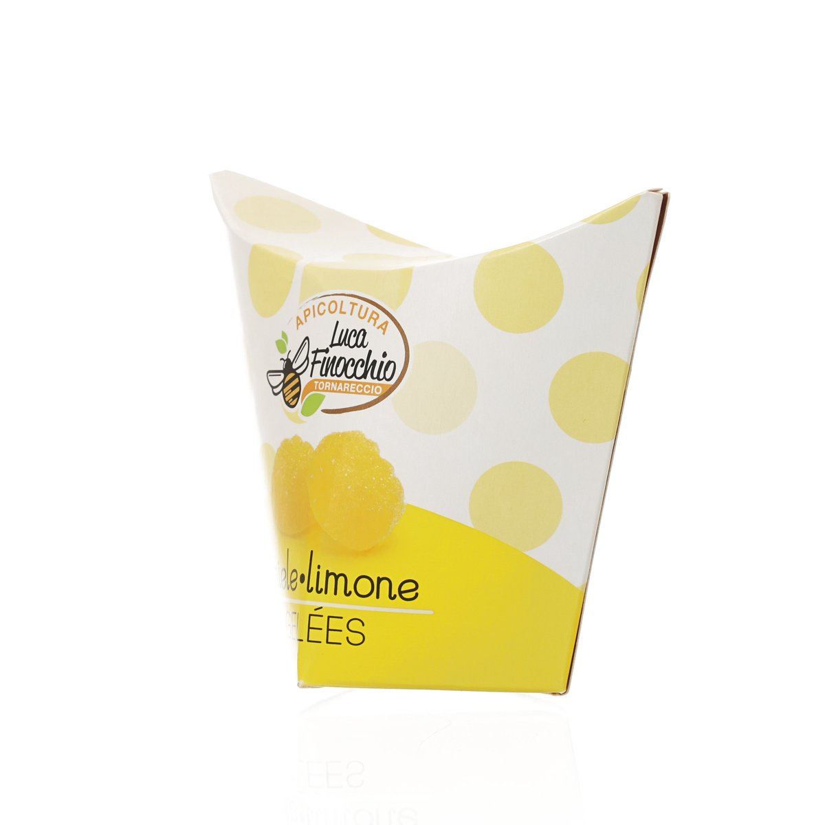 Honey and lemon jelly candies pouch in front view with yellow label