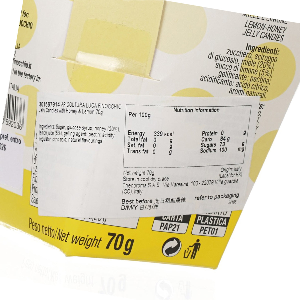 Honey and lemon jelly candies pouch close-up of ingredients and nutrition table