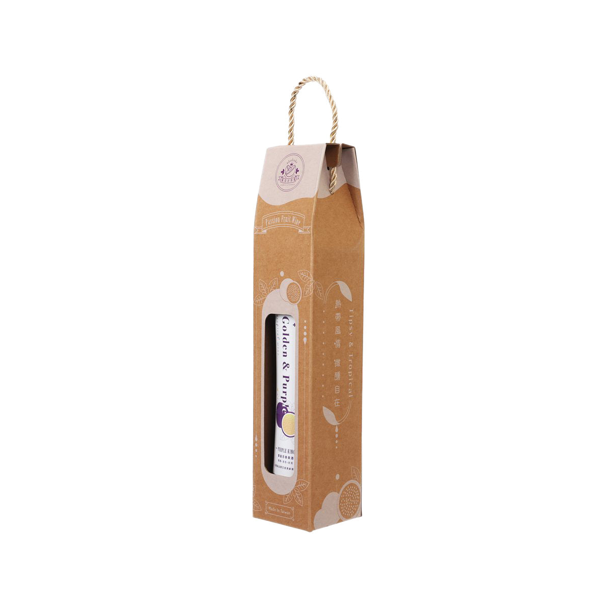Passion fruit wine gift box, angled front view with bottle insert