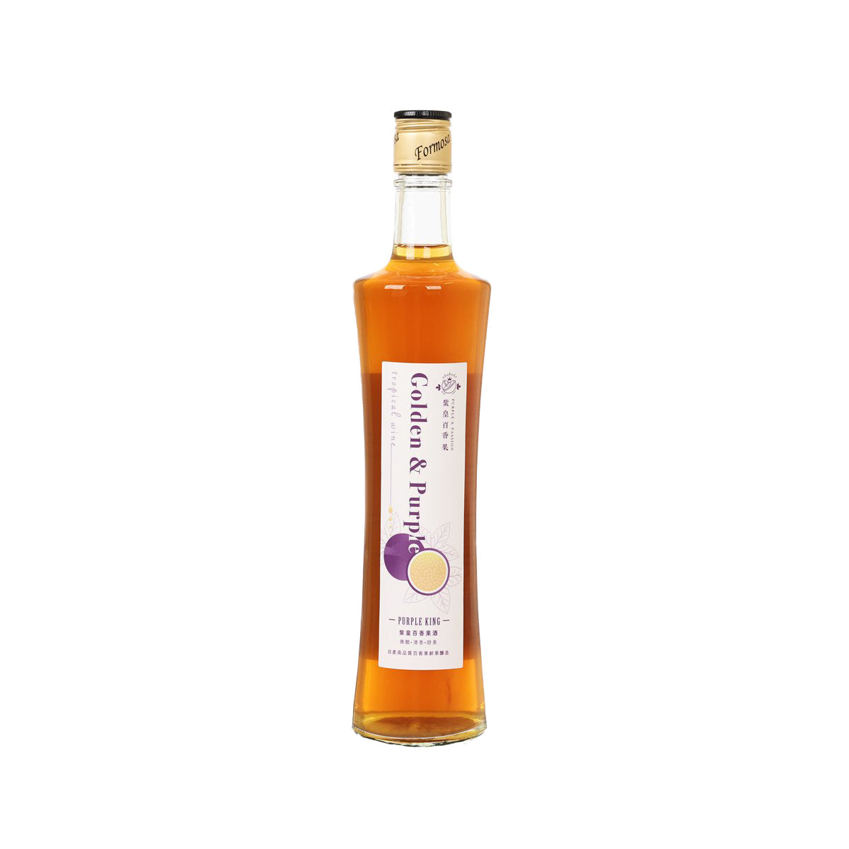 Passion fruit wine bottle with amber glass, white label, and gold foil cap