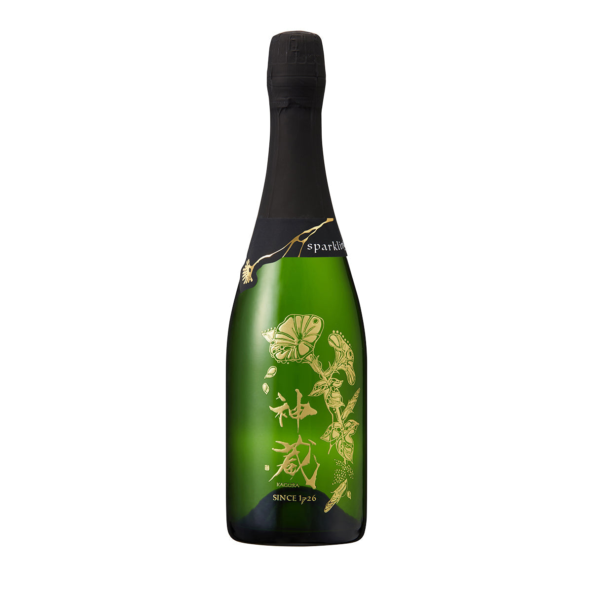 KAGURA Sparkling Sake bottle, dark bottle with green label and gold dragon artwork