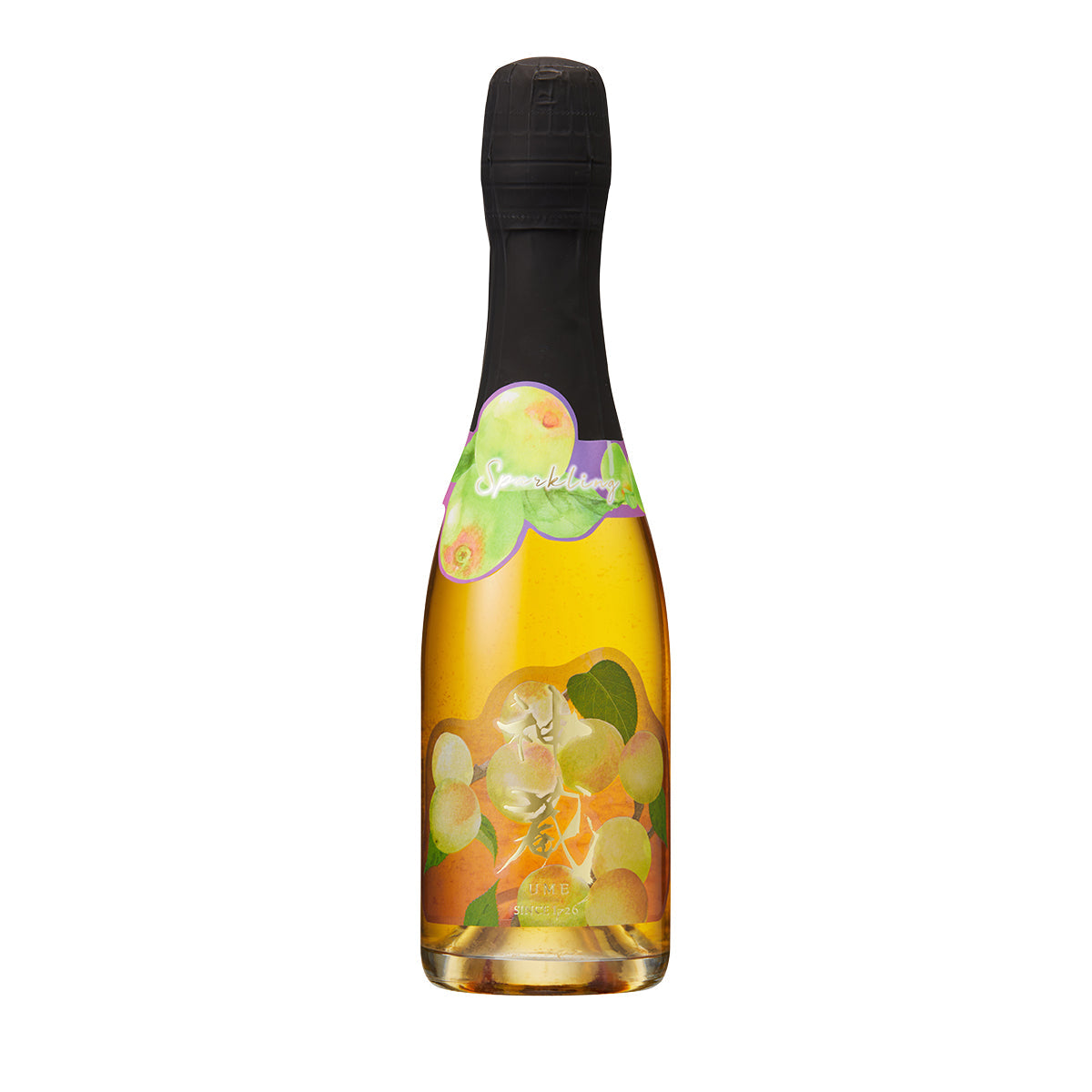 Sparkling ume-shu bottle with dark glass and illustrated ume label, 360 mL