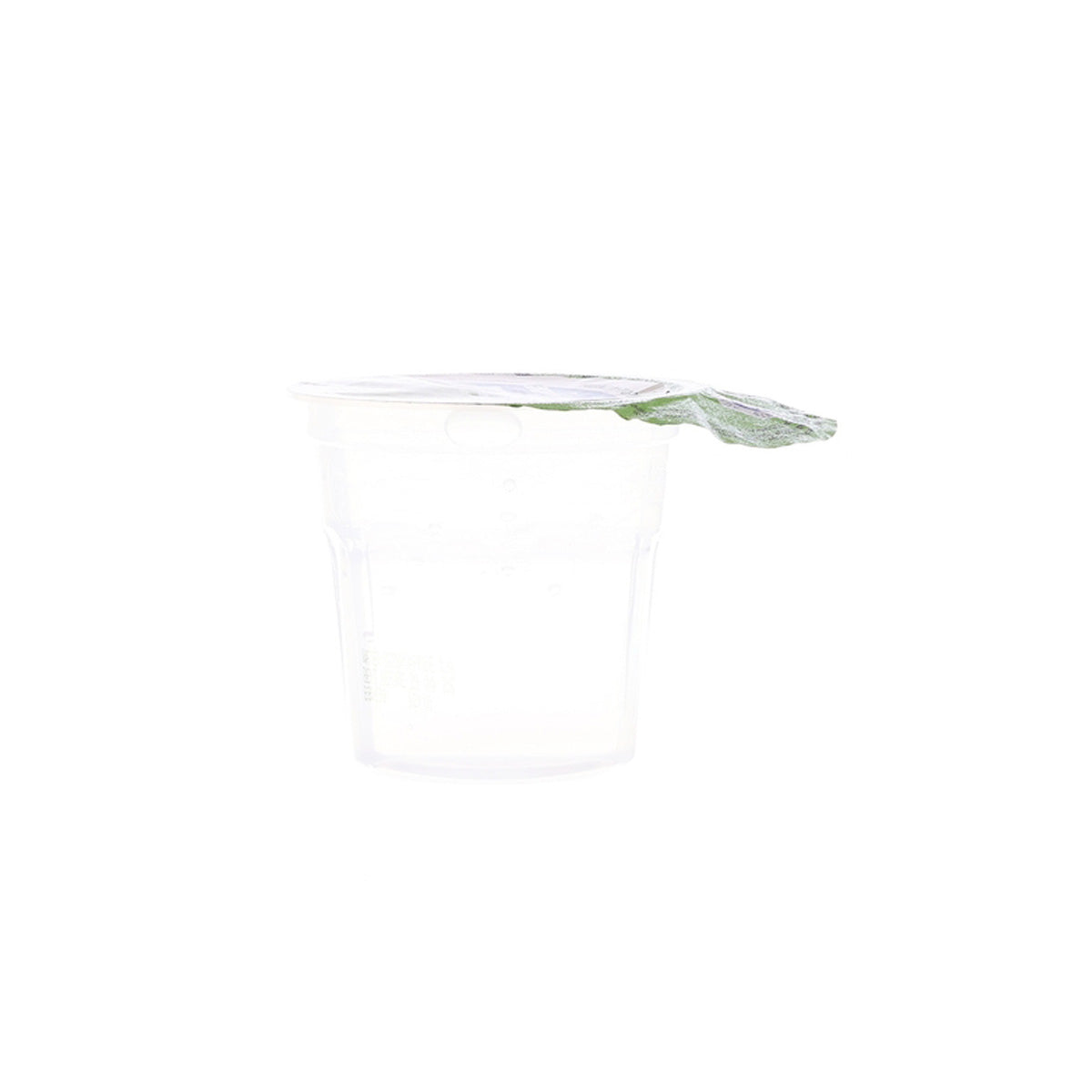 Clear plastic cup with white contents and green-tinted snap-on lid