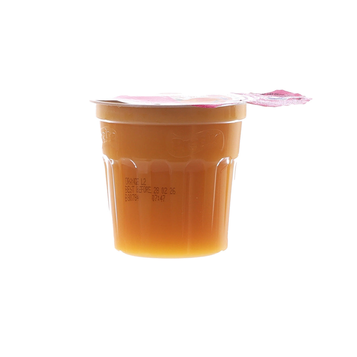 Thickened orange juice cup with orange liquid and open rim