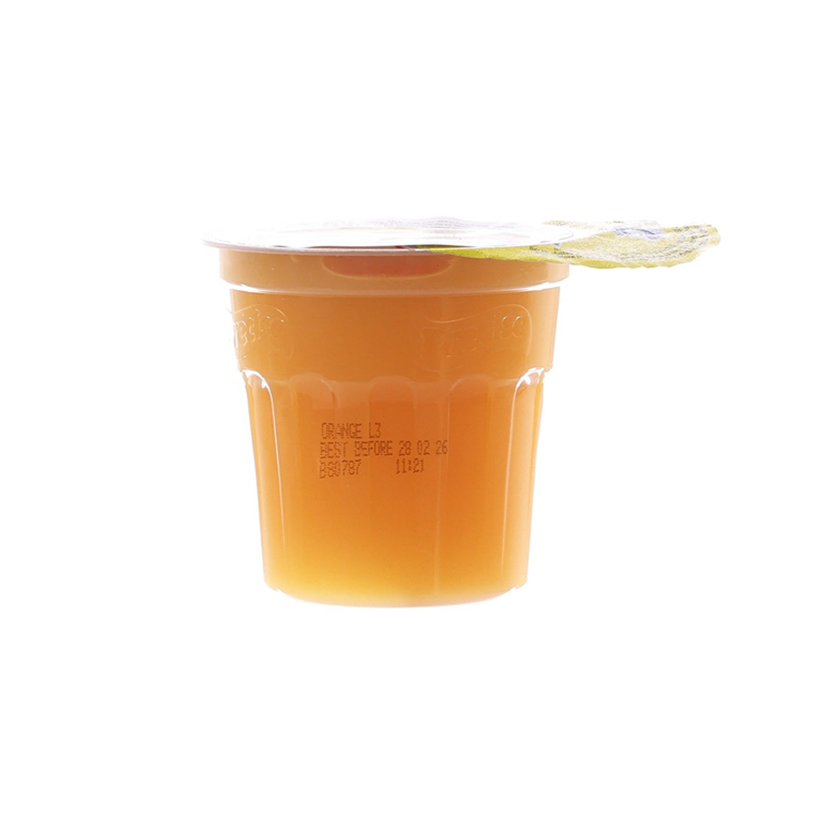 Thickened orange juice ready-to-drink cup filled with orange liquid, 185 mL