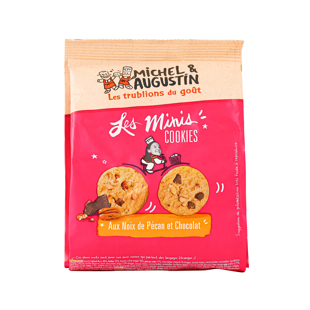 Cookie bag with mini cookie image, dark chocolate chips, and pecan nuts