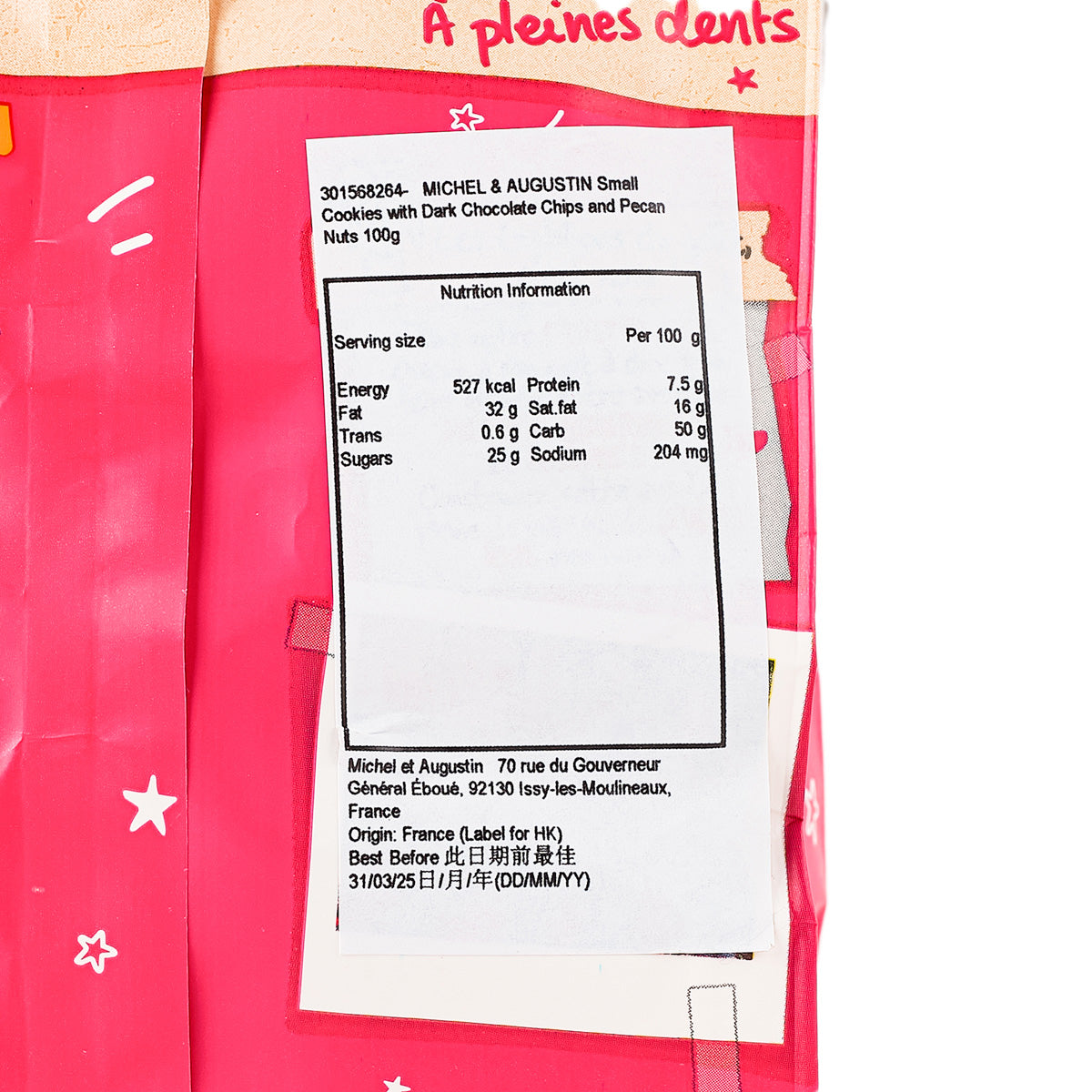 Nutrition label on red cookie bag