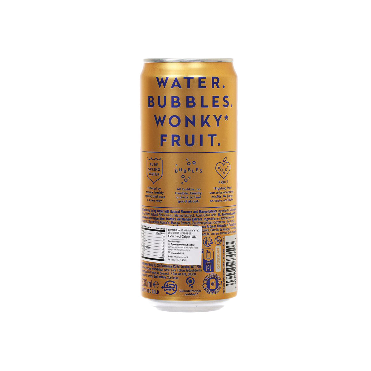 DASH mango sparkling water 330ml can, nutrition panel and water bubbles wonky fruit