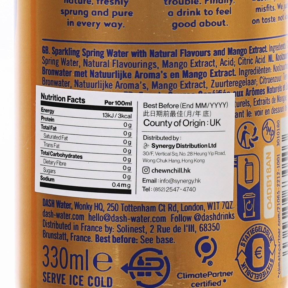 DASH mango sparkling spring water can label close-up, nutrition facts and distributor info