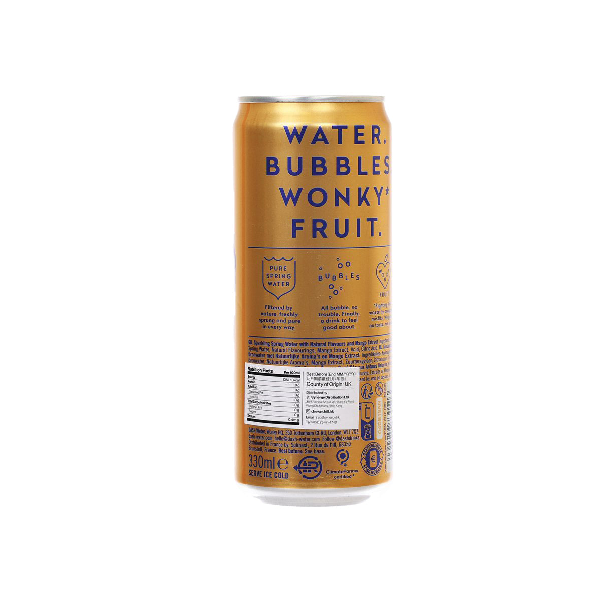 DASH mango sparkling water 330ml can, back label with ingredients and barcode