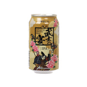 KAMAKURABEER Samurai Beer IPA 350 mL can, beige gold with samurai artwork and flowers