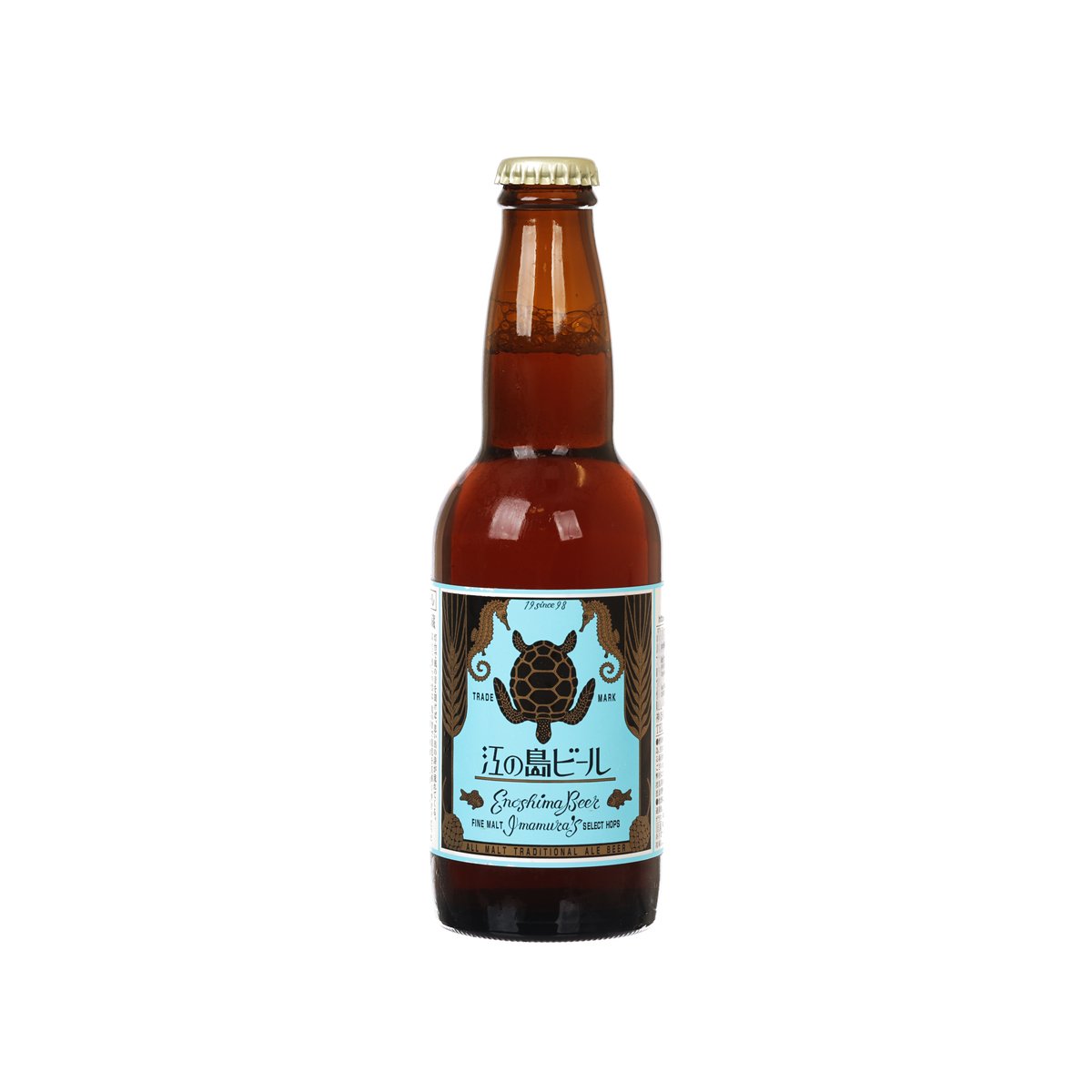 Amber beer bottle with gold crown cap and front label with bear graphic