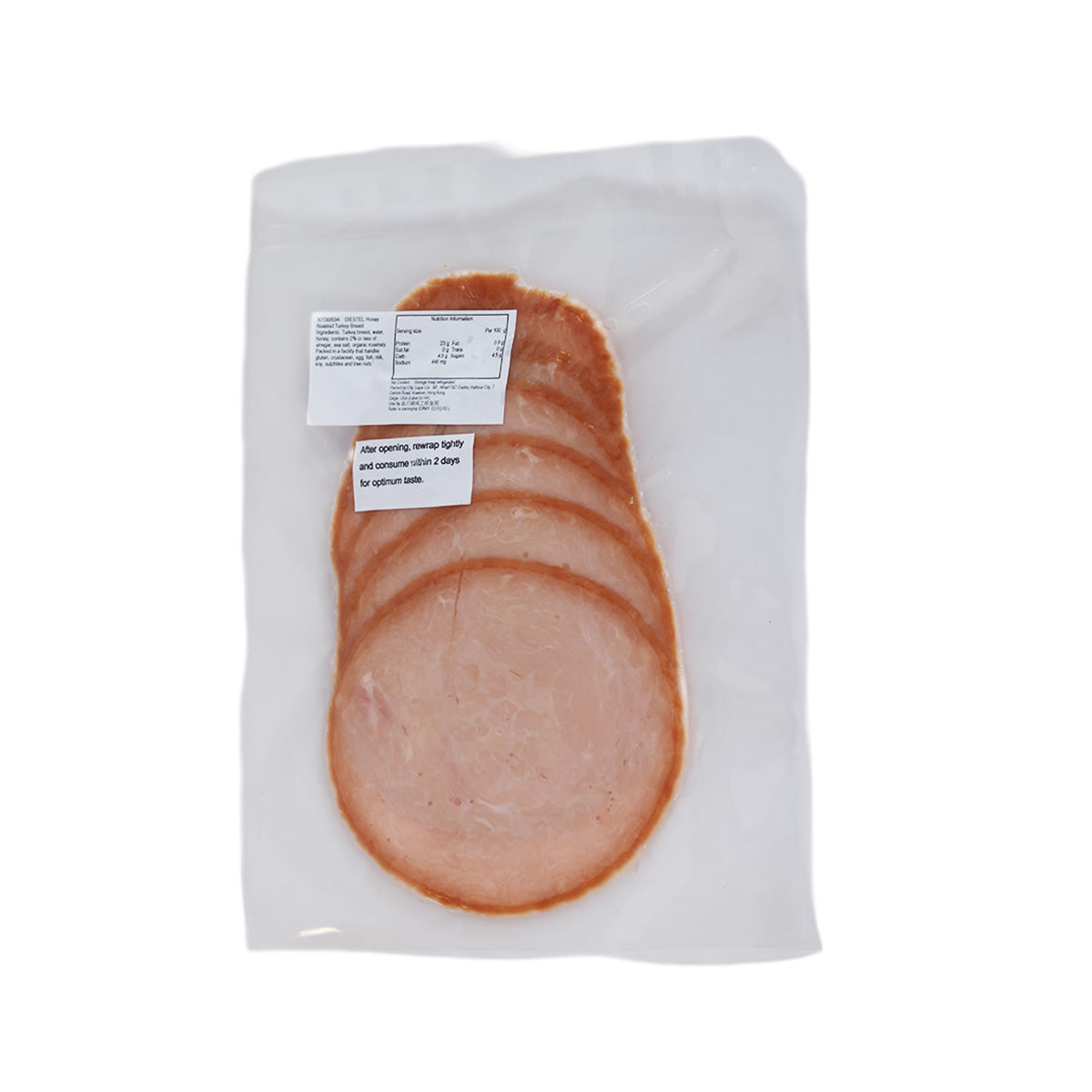 DIESTEL honey roasted turkey breast slices in pack, browned surface