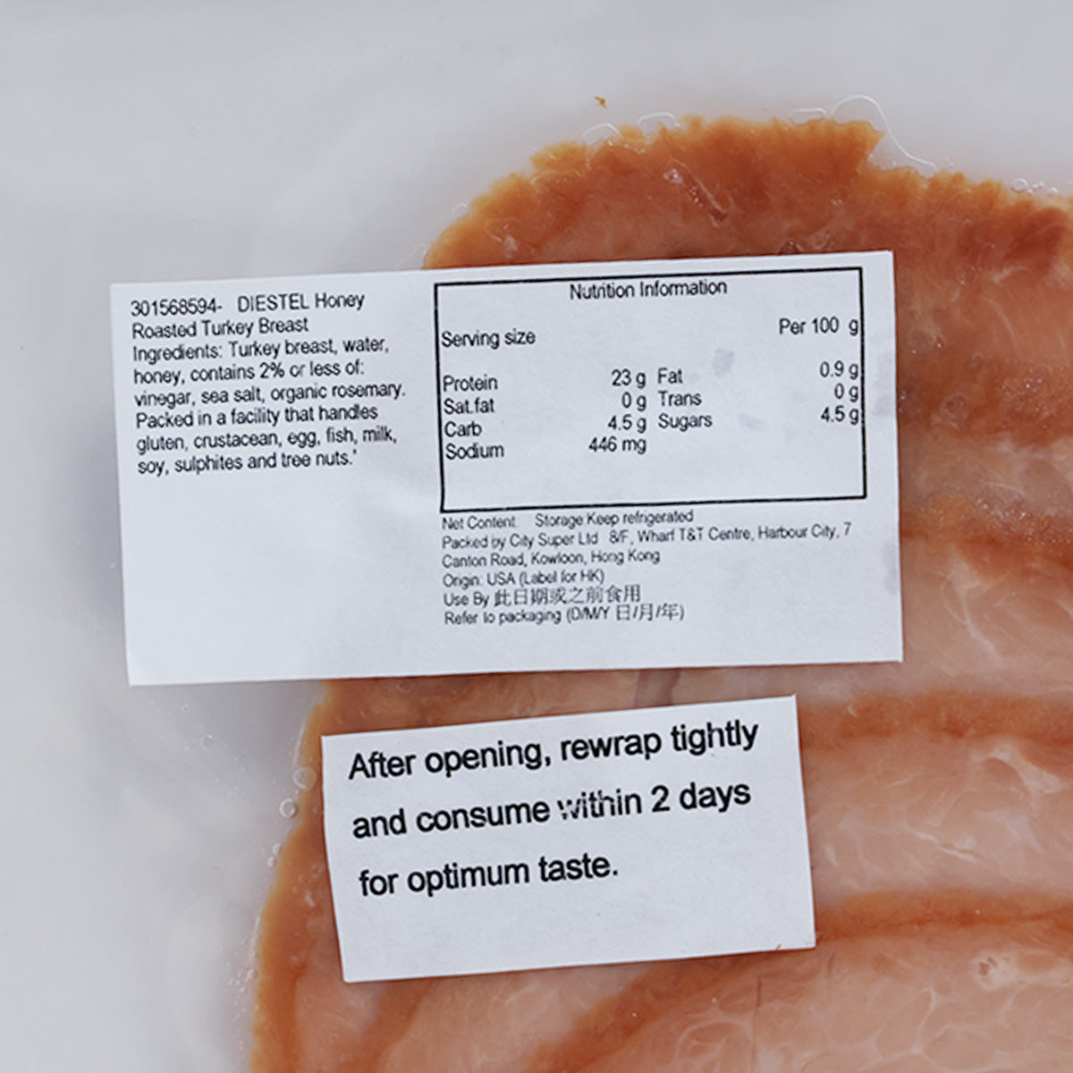 DIESTEL honey roasted turkey breast pack label over sliced turkey