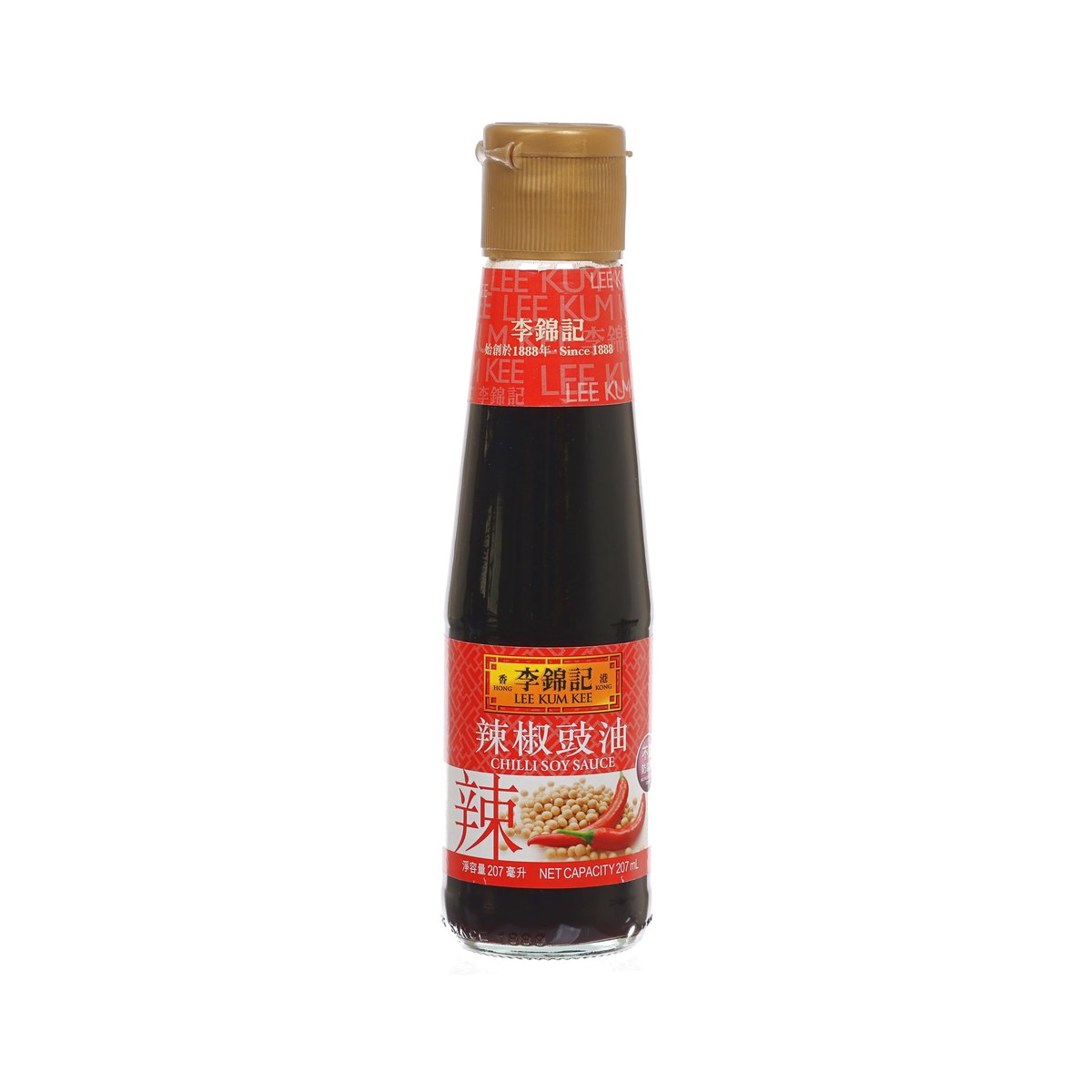 LEE KUM KEE chilli soy sauce bottle, amber cap, red and black front label