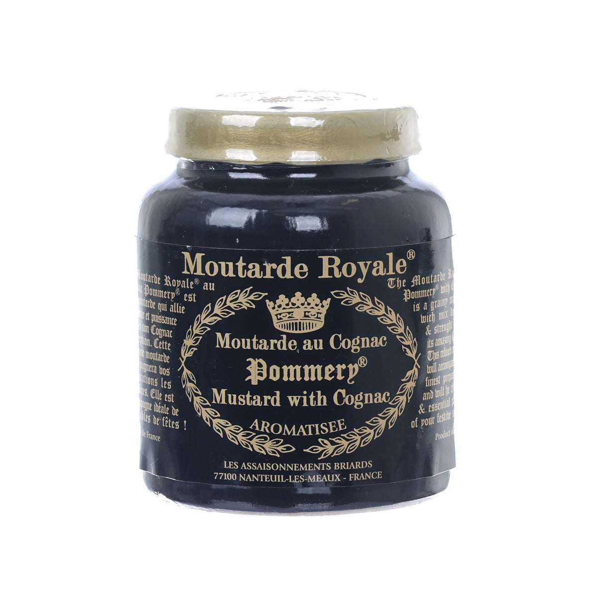 Mustard with Cognac jar, dark label with gold crown and Royale text