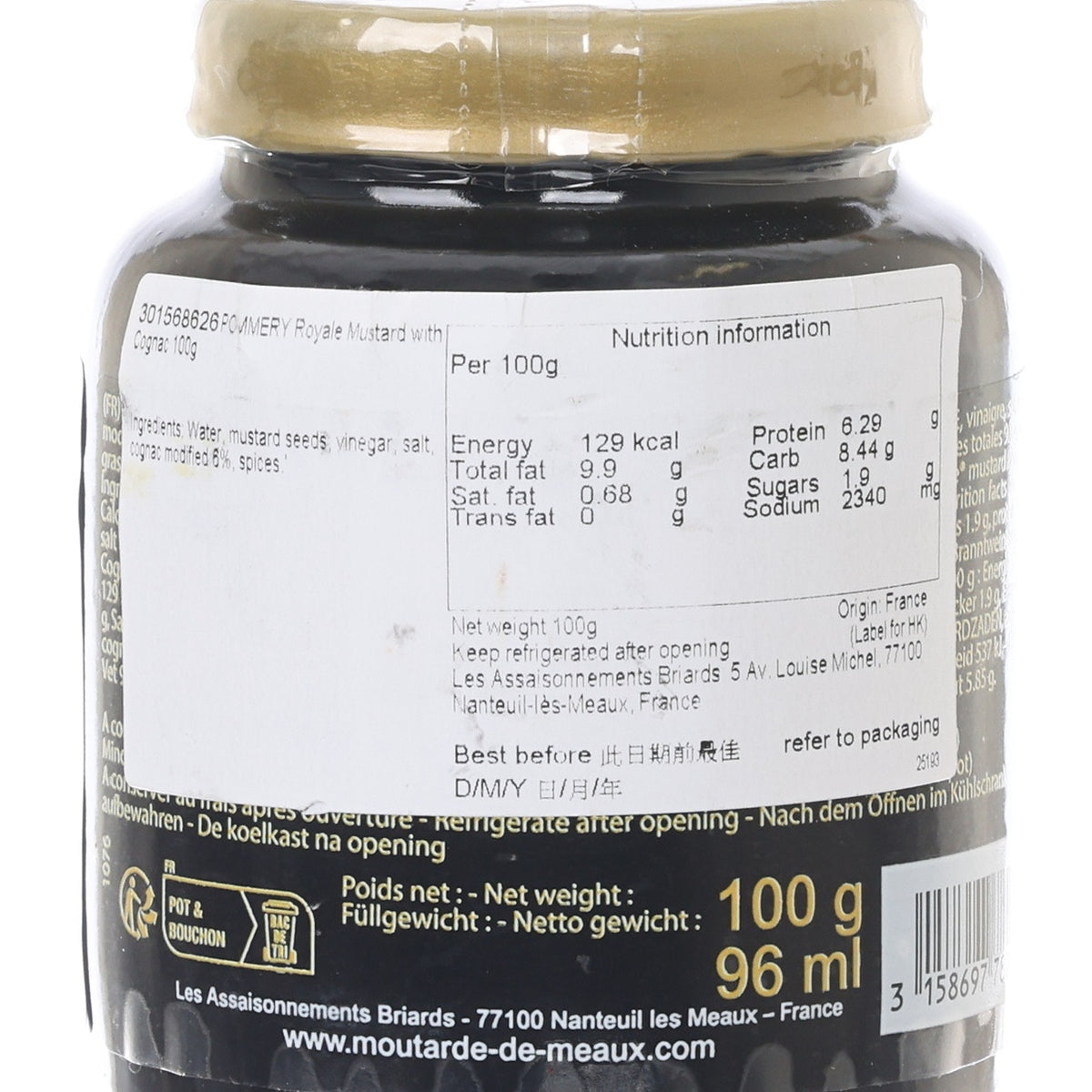 Mustard jar label close-up with nutrition information and 100 g net weight