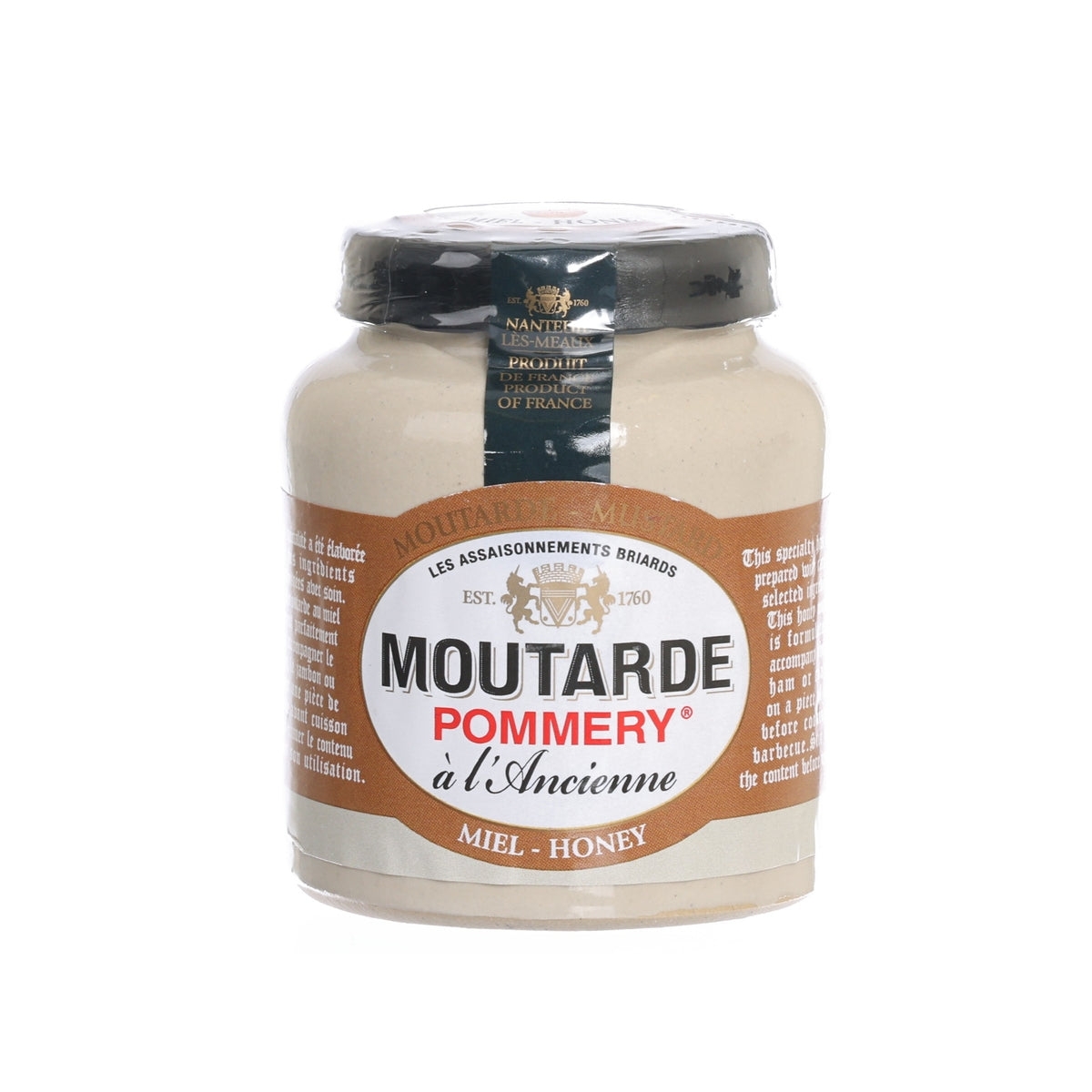 POMMERY honey mustard jar with beige mustard and black lid, 100 g