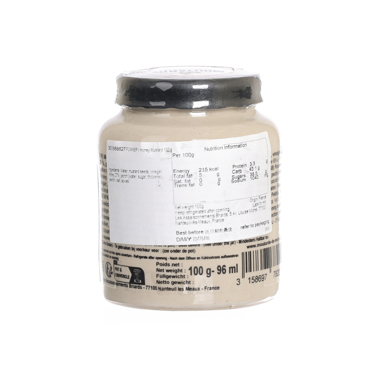 POMMERY honey mustard jar, back label facing up, 100 g net weight