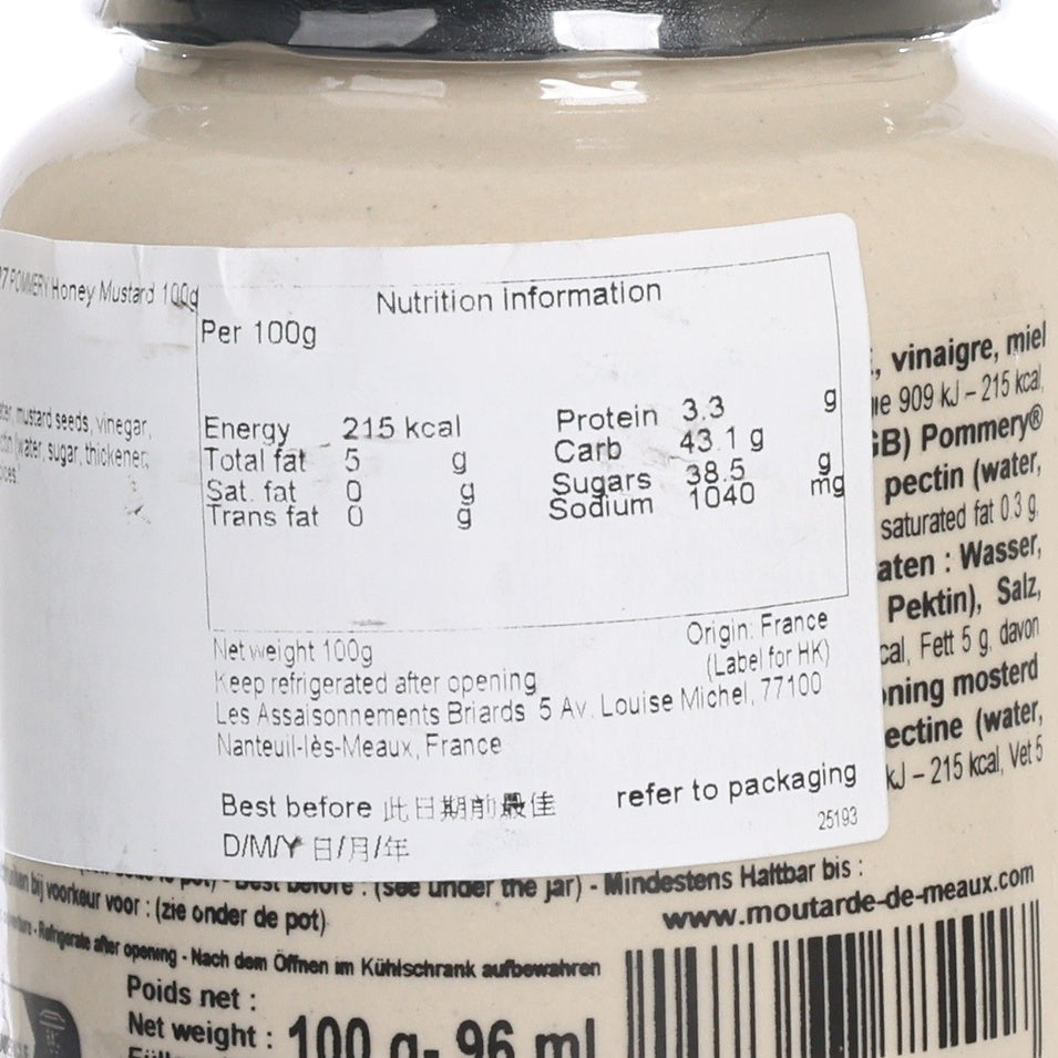 POMMERY honey mustard nutrition label, 'Per 100 g' panel on jar