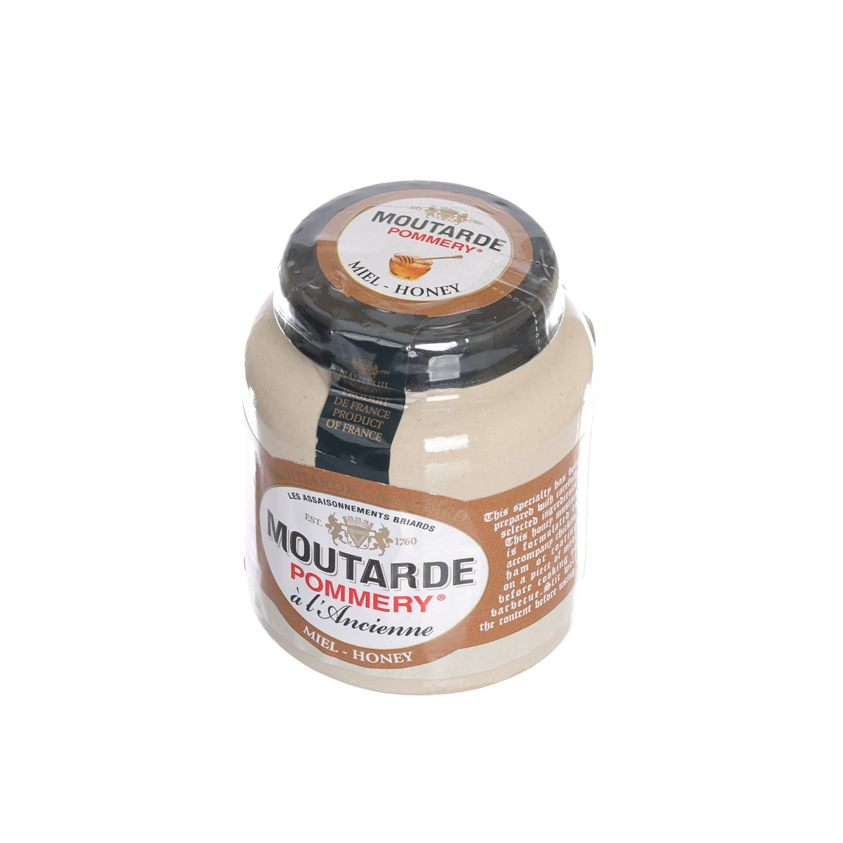 POMMERY honey mustard jar, beige mustard with black lid and 'Honey' label