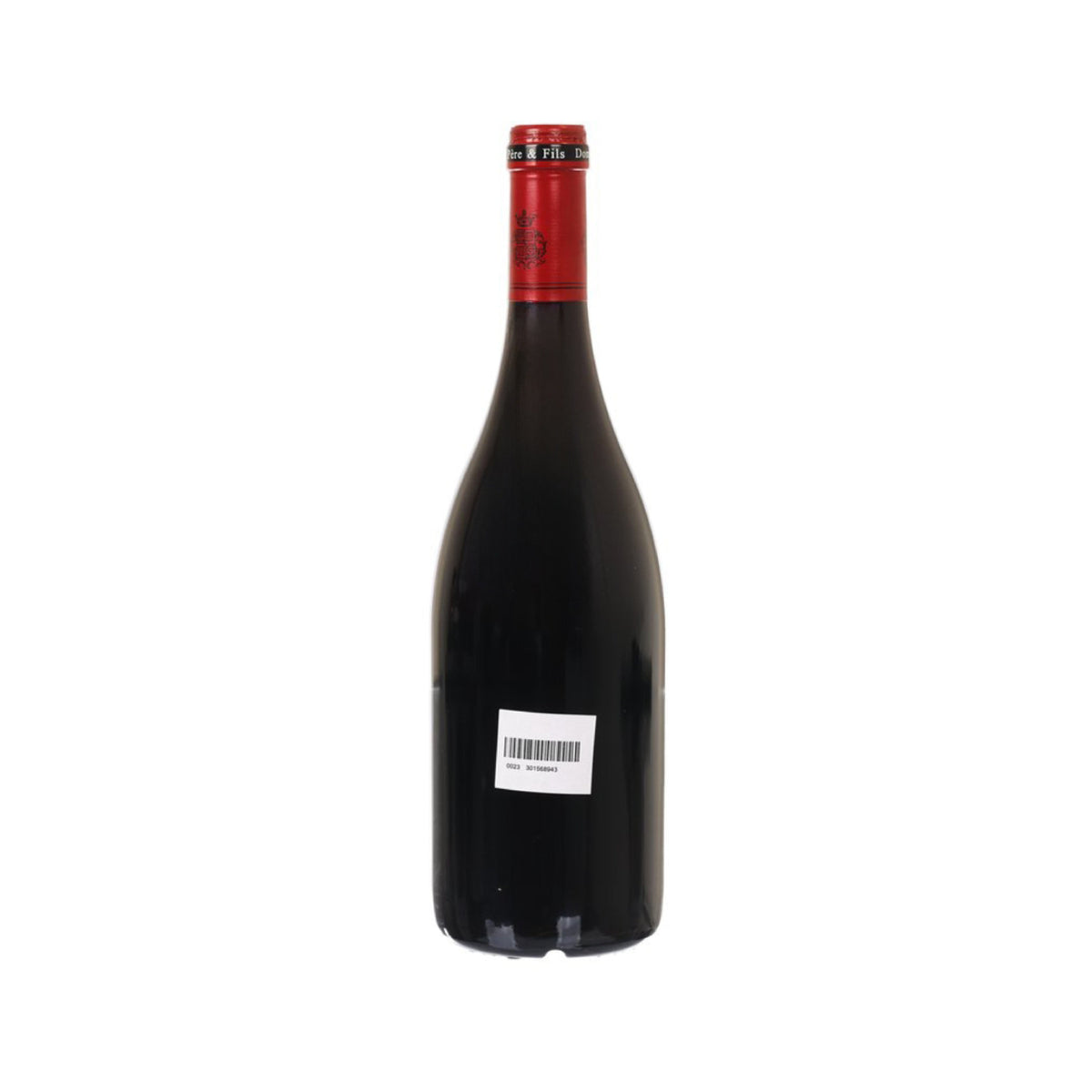Chambolle Musigny wine bottle back view with red foil cap and barcode label