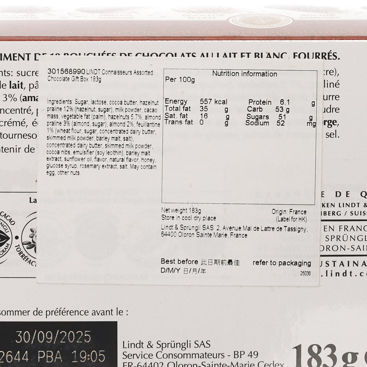 Chocolate gift box close-up of nutrition facts and ingredient information
